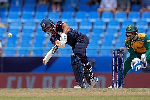 Shayan Jahangir plays a shot against South Africa